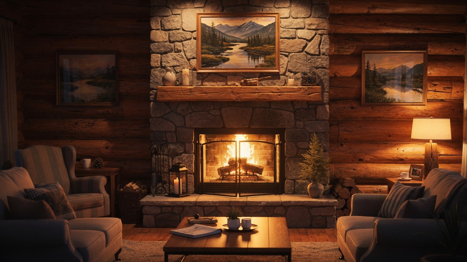 Warm cabin interior with a calm family atmosphere