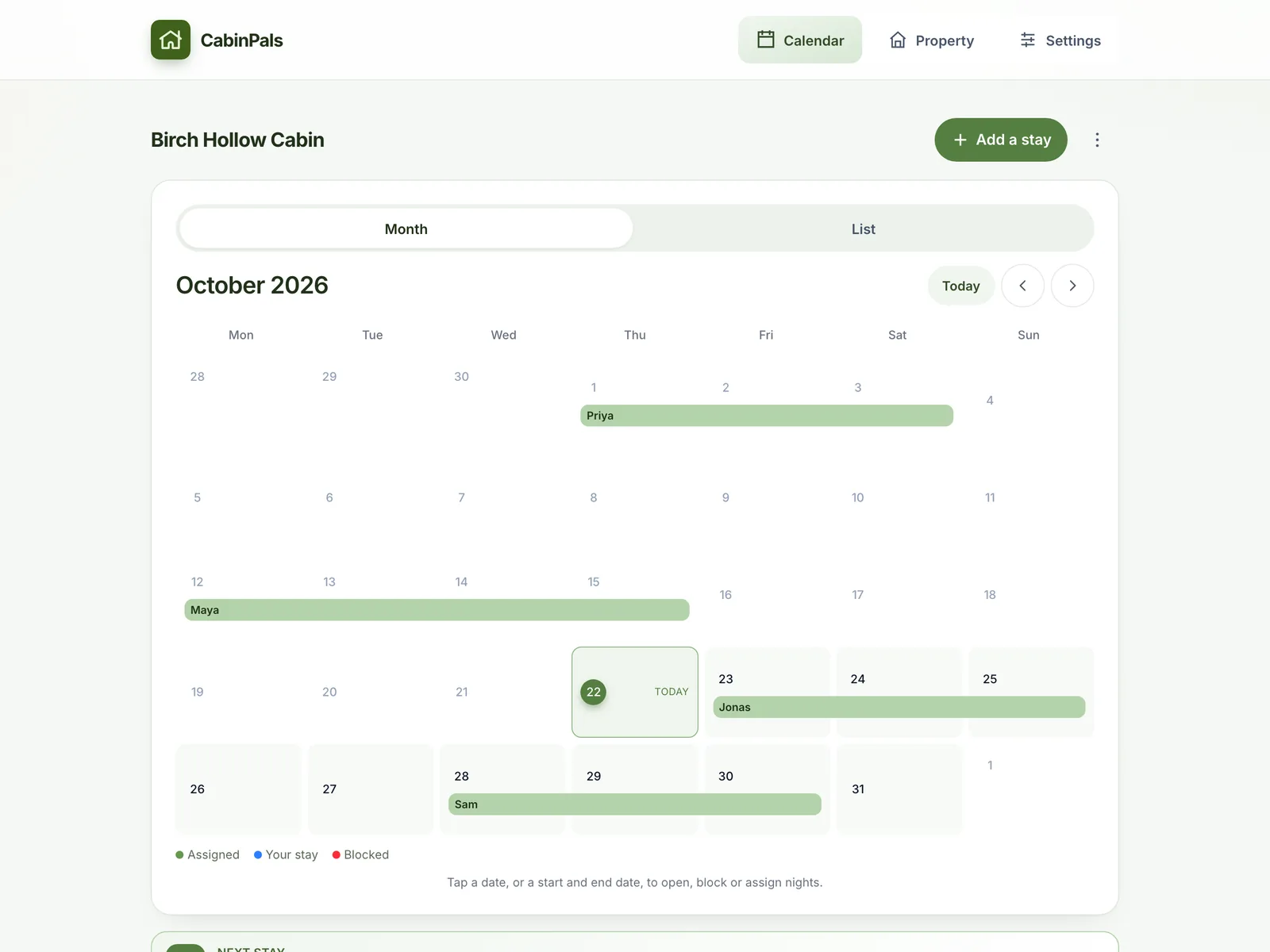 Shared cabin calendar on desktop