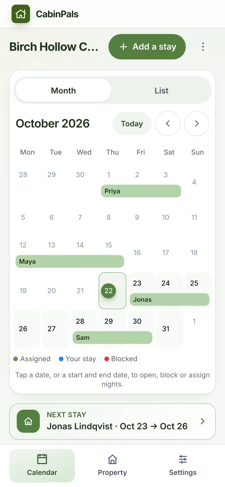 Shared cabin calendar on a phone
