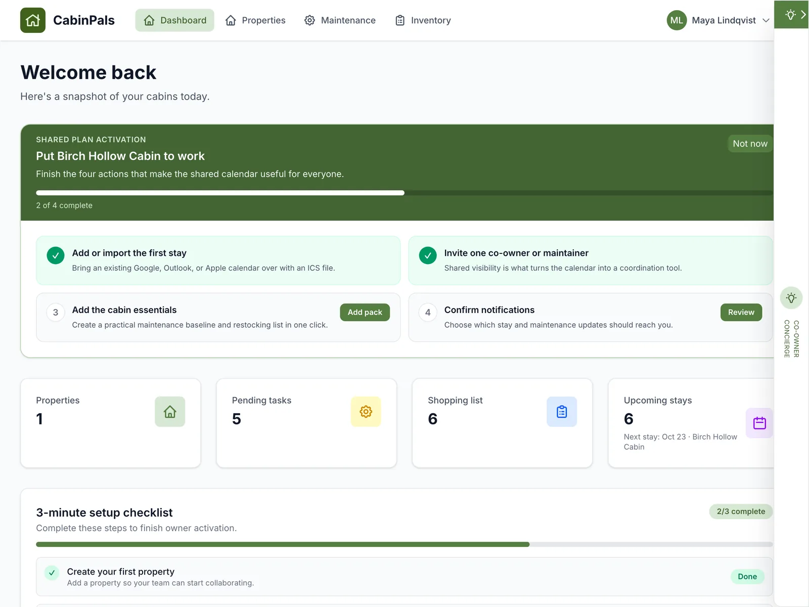 Concierge daily briefing next to the dashboard