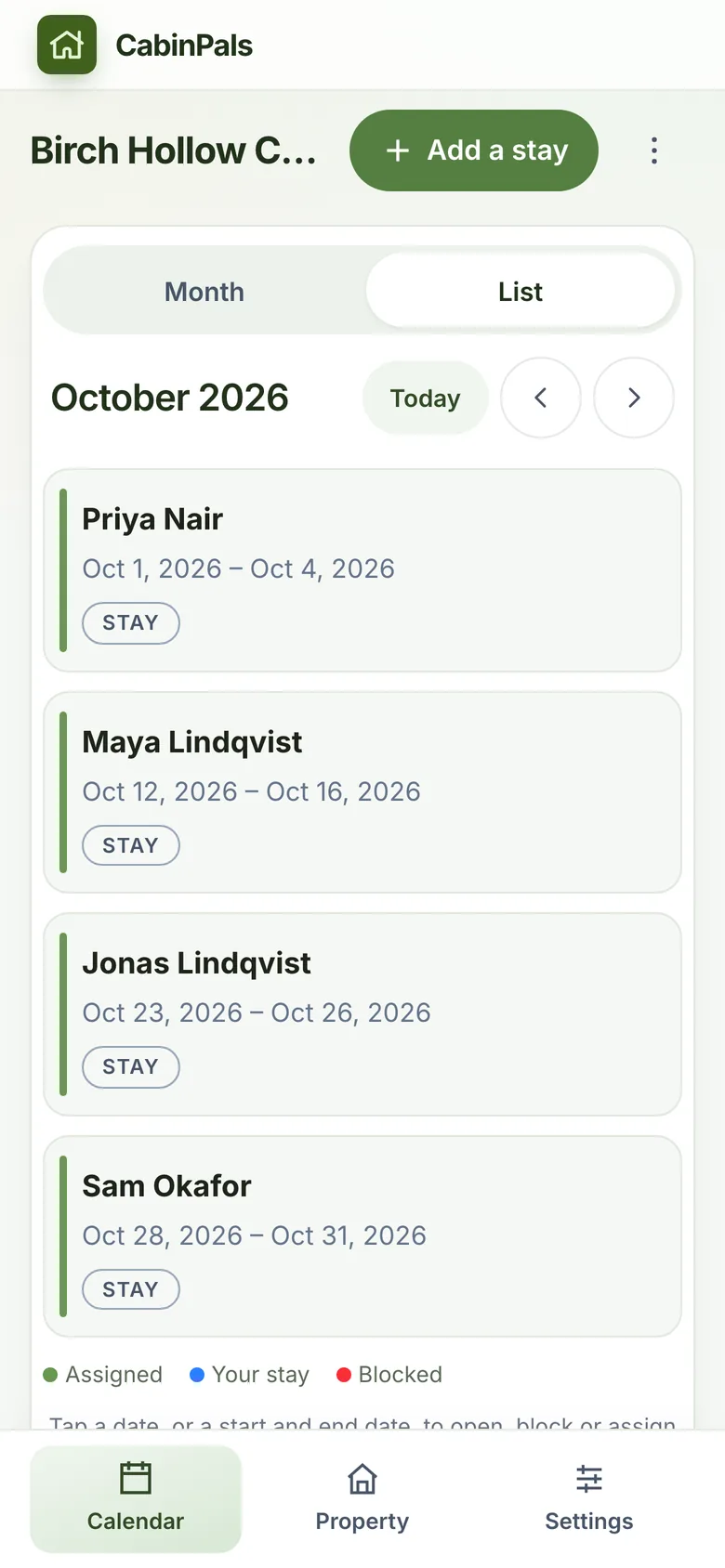 List of upcoming stays on a phone
