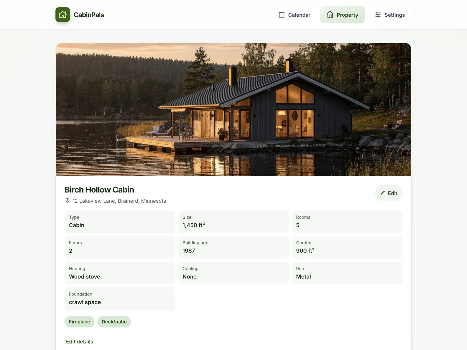 Property page for a lake cabin on desktop