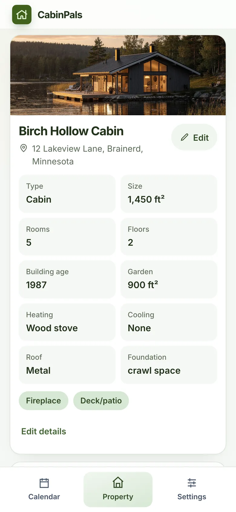 Property page for a lake cabin on a phone