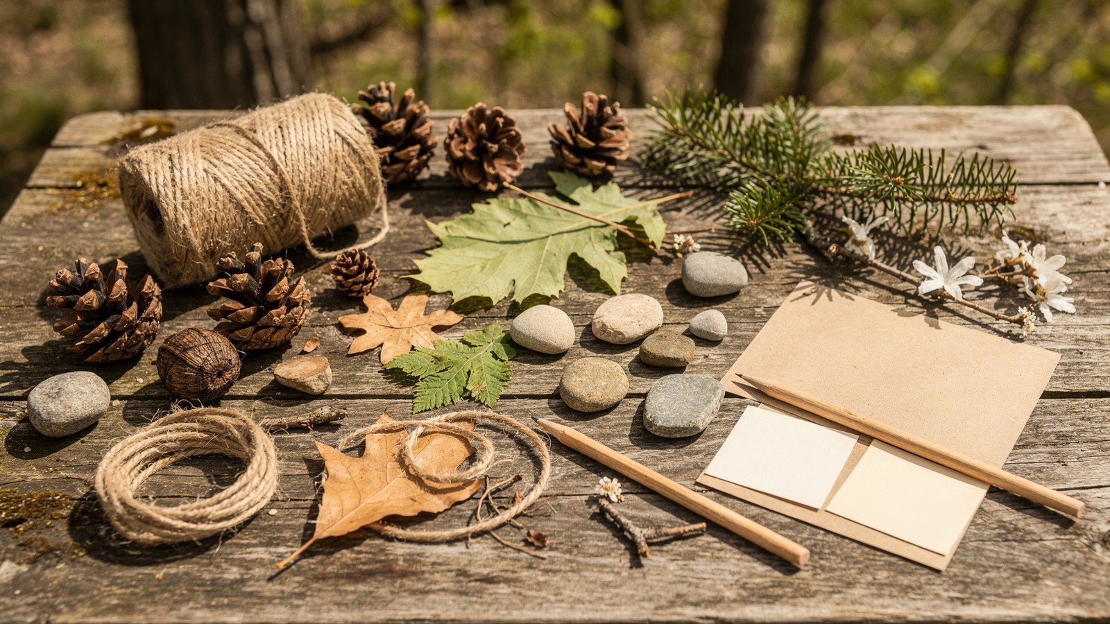 Simple nature craft materials arranged on an outdoor cabin table