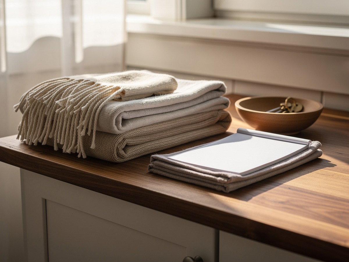 Neatly reset cabin kitchen counter with folded towels, a key bowl, and calm morning light
