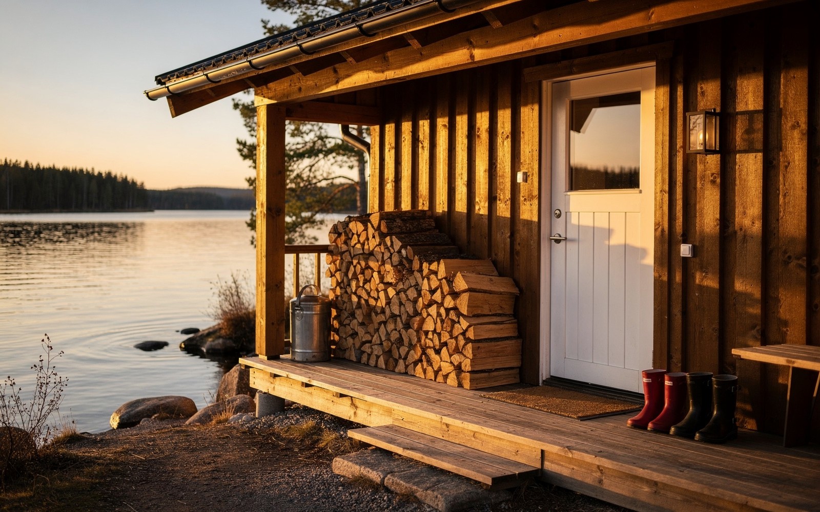 Warm shared cabin entry at golden hour with an orderly porch and boots by the door