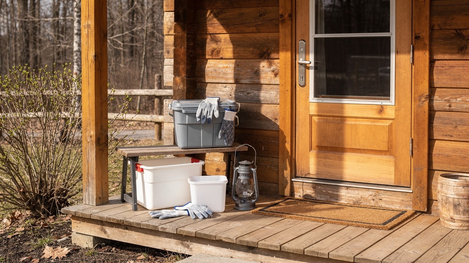 Calm spring cabin porch with practical opening gear staged neatly