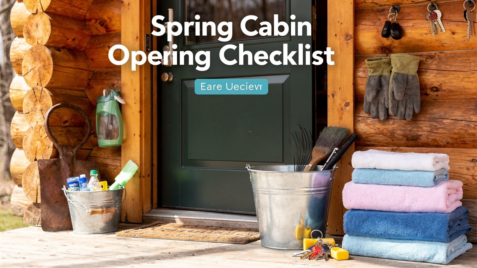Early spring cabin entry with organized opening supplies ready for the season
