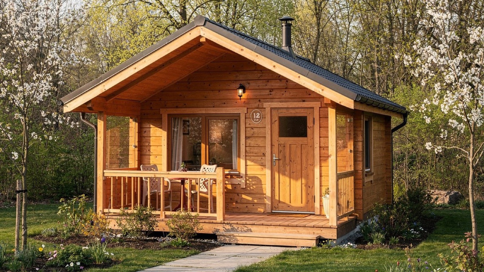 Peaceful shared cabin exterior with warm welcoming light