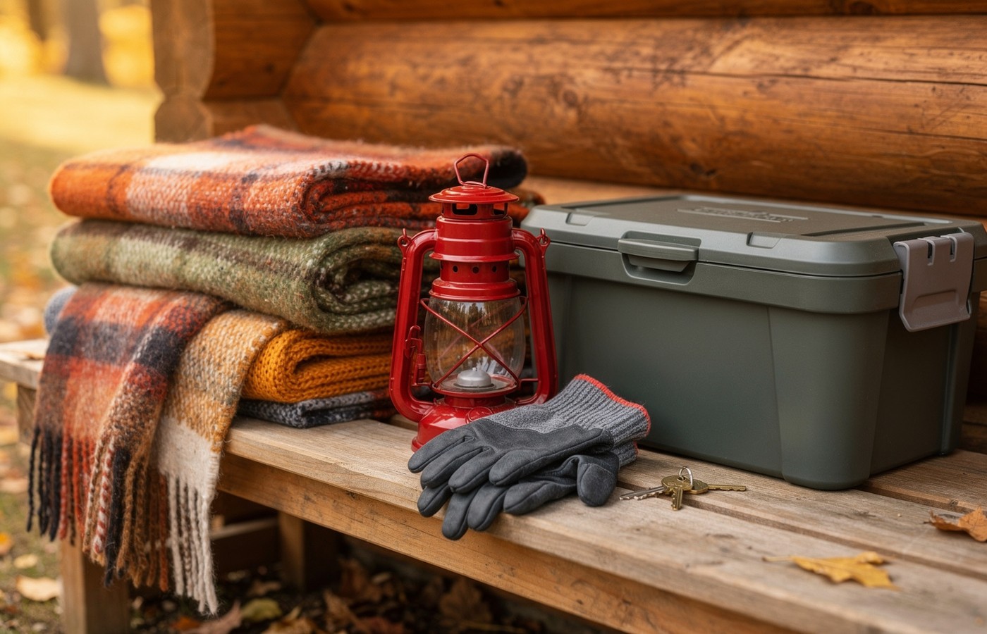 Autumn cabin close-down supplies on a wooden bench