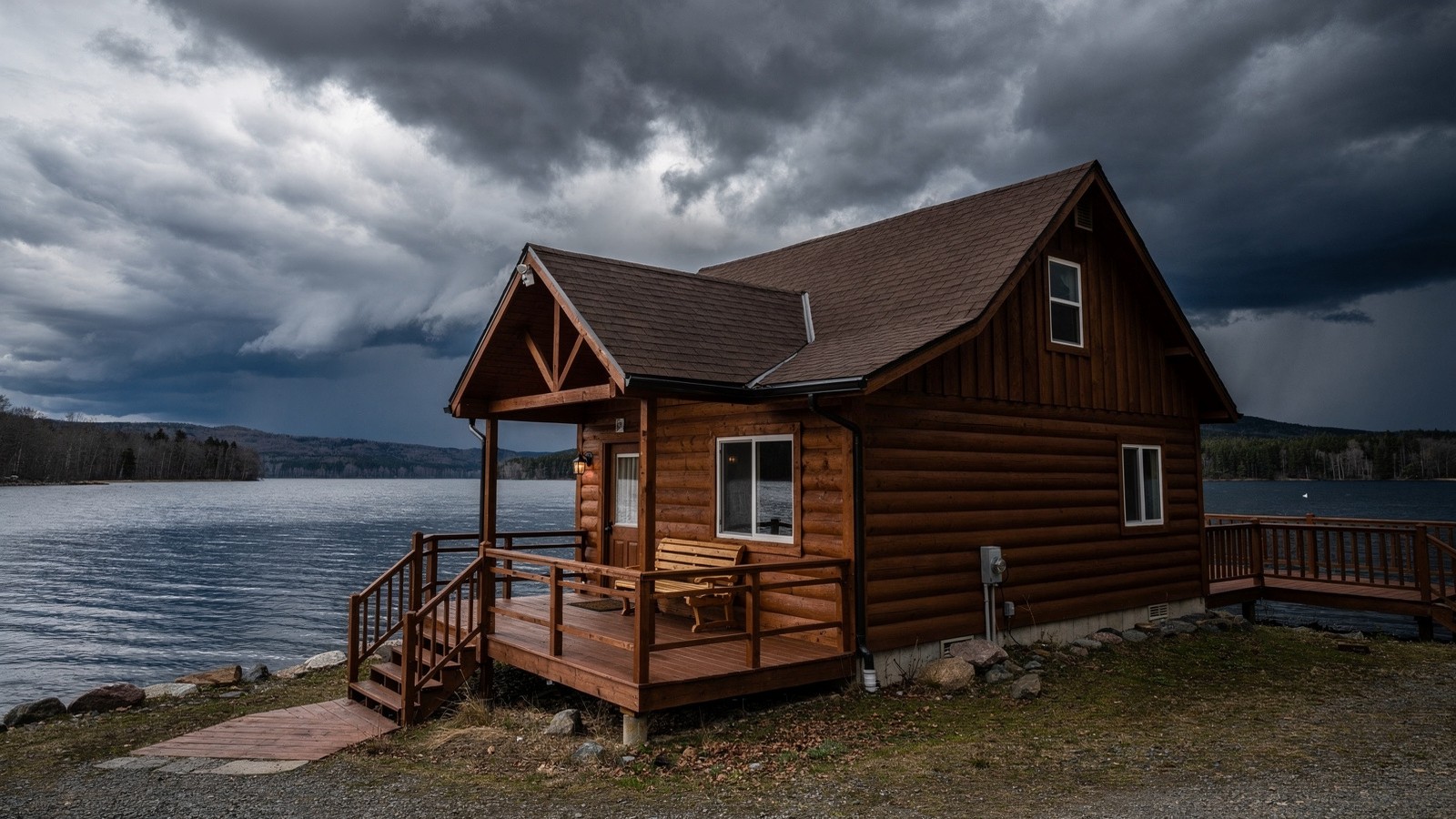 Cabin under a stormy sky